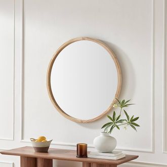 Furniturebox Judith Oak Wood Medium 80x80cm Round Wall Mirror in Light Brown | Size: 80x80 cm