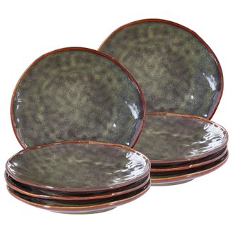 Beliani Beliani - Conjunto De 8 Platos De Postre De Gres Caol&iacute;n Artesanal Acabado Esmalte Reactivo Verde Oscuro Thyme