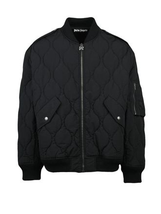 Palm Angels Monogram Quilted Black Bomber Jacket With Zip Closure