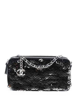Chanel 2019 CC Calfskin and Sequin Double Zip Wallet on Chain crossbody bag - Black
