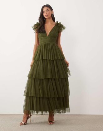 Lace & Beads vestito lungo in tulle a strati con volant verde oliva scuro