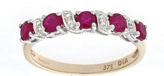 Jewelco London 9ct Gold Diamond 0.8ct Ruby Ribbon Wave 5 Stone Eternity Ring 2mm - PR0AXL6899YRU