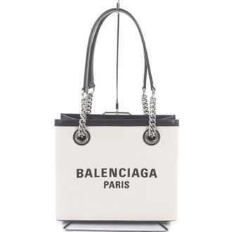 Balenciaga Black Light Beige Canvas Leather Handbag Tote Bag (Pre-Owned)