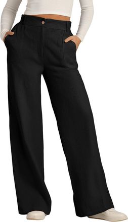 Generic Womens Cotton Linen Wide Leg Trousers - Solid Colour Button Down Casual Pants with Pockets Straight Leg Loose Fit Comfortable Office Wear & Smart Leis