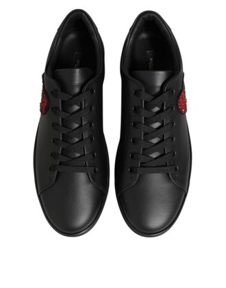Dolce & Gabbana Womens Black Leather Crystal Heart Sneakers Shoes Calf
