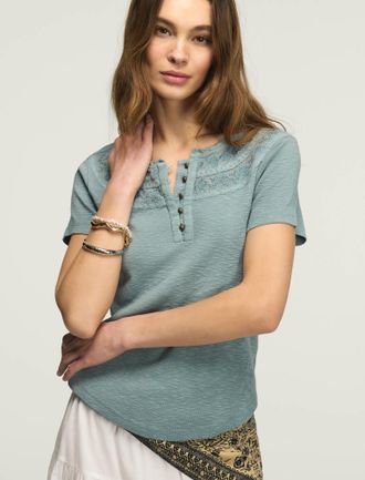 Lucky Brand Womens Embroidered Yoke Henley Tee