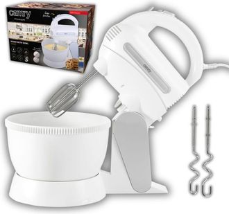 Camry Cr4213 Batidora Amasadora Reposter&iacute;a Bol 3l, 5 Velocidades+turbo Bol Giratorio Accesorios Acero Inox. 600w Blanco
