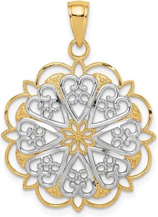 Diamond2Deal 14k Yellow Gold Rhodium Filigree Hearts Scalloped Edge Pendant