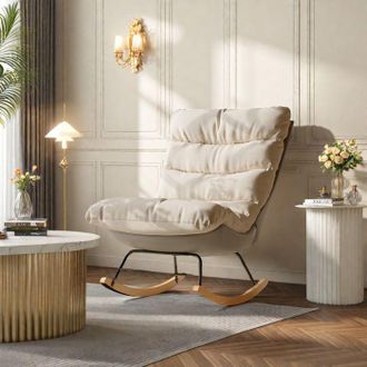 OEM Sill&oacute;n Mecedora Escandinavo Beige De Lino, Estructura De Madera Y Metal, Cojines Gruesos - 1 Plaza