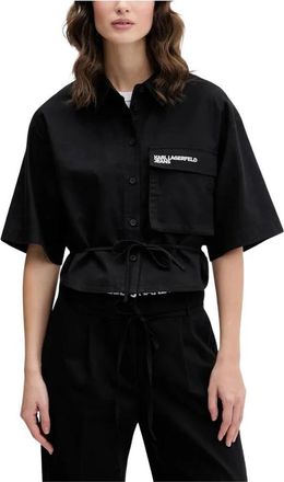 Karl Lagerfeld Korte Mouw Cropped Blouse met Strikceintuur en Zakken - Dames - Overhemden - Zwart - S - Katoen - Overhemden