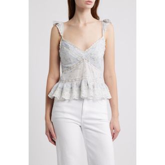 LoveShackFancy Lainie Floral Lace Peplum Camisole in Snowdrop Blue at Nordstrom, Size Xx-Small