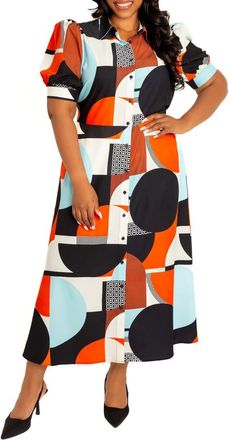 Buxom Couture Geometric Print Puff Sleeve Shirtdress in Multi at Nordstrom, Size 1X