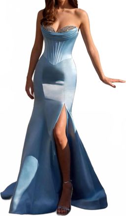 Sherri Hill Strapless Satin Corset Mermaid Gown In Light Blue