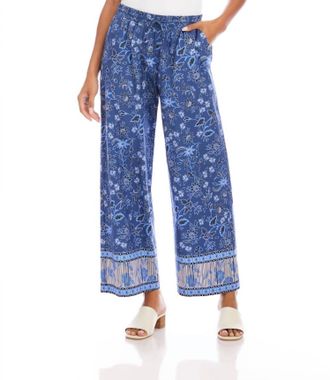 Karen Kane Drawstring Border Print Cropped Pants In Blue
