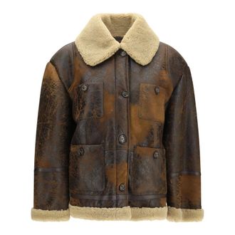 Valstar Oversized leren jack met shearlingkraag - Dames - Jassen - Bruin - Maat: 2XL Leer