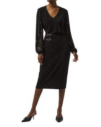 Joseph Ribkoff V-Neck Long Embellished Puff Sleeves Top 253084 In Black