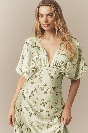 BHLDN Amelia Deep-V Flutter-Sleeve Satin A-Line Gown