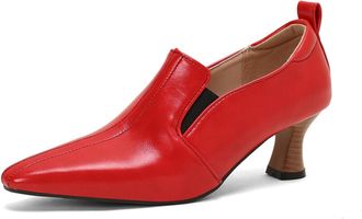 Generic Womens PU Leather Slip On Pumps Pointed Square Toe Elastic Panel Wooden Detail Heel Non Slip Durable Comfortable Daily Casual Shoes,Red,7.5 UK