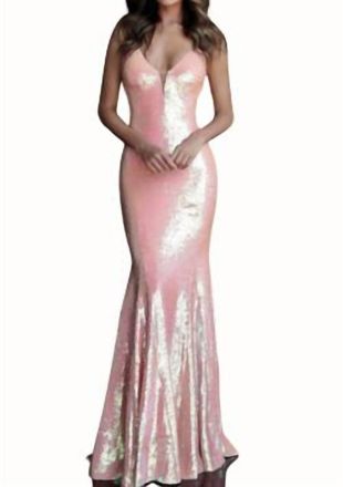 Jovani V Neck Sequinned Gown In Coral