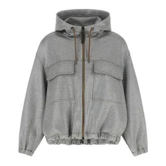 Brunello Cucinelli Shiny Zipper Pull Bomber Jacket - female - Brunello Cucinelli - Zip-throughs - Gray - XS - Sweatshirts & Hoodies
