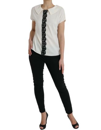 Dolce & Gabbana Womens Off White Silk Lace Trim Short Sleeves Top Cotton Elastane