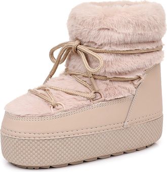 Generic Womens Winter Snow Boots Platform Duck Boots with Removable Fleece Sock Liners Fluffy Faux Fur Collar Chunky Booties(Brown,6.5)