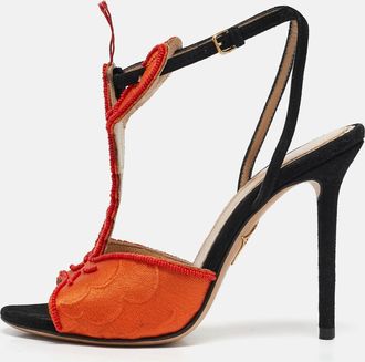 Charlotte Olympia Orange/black Fabric And Suede Ankle Strap Sandals