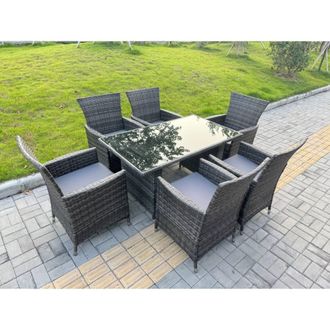 Fimous Rattan Garden Furniture Set 6-seater Patio Black Glass Table Chairs in Dark Grey