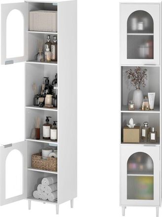 Costway Mobiletto alto per bagno, mobiletto stretto con 2 ante in vetro temperato ondulato Porte, ripiani regolabili per soggiorno, cucina, bianco
