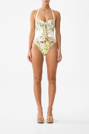 Camilla Bow Tie Gathered Underwire Halter One Piece in The Call Of Catalonia at Nordstrom, Size X-Large Au