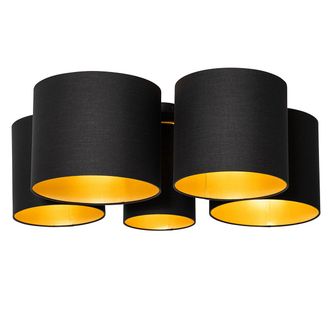 QAZQA Qazqa - Moderno Plaf&oacute;n Negro Con Interior Dorado 5 Luces - Multidrum Textil /acero Redonda Adecuado Para Led Max. 5 X 40 Watt