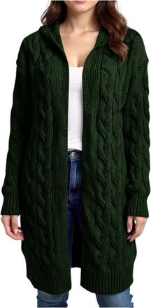 Generic Casual Mid-Length Cardigan Jacket for Womens UK Elegant Simple Solid Color Cable Hooded Knitted Sweater Coat Layering Piece for UK Weather 01-Black XL