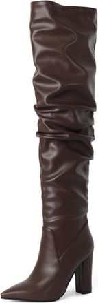 Generic Womens Over-The-Knee Slouchy Boots PU Leather Pointed Toe High Block Heels Comfortable Fashion Footwear For Daily Night Evening Party,Brown,3.5 UK