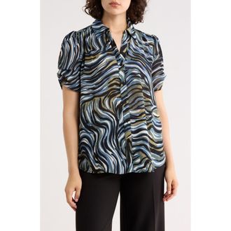 Adrianna Papell Patterned Pinch Sleeve Button-Up Shirt in Blue Wavy Squiggle at Nordstrom Rack, Size X-Large