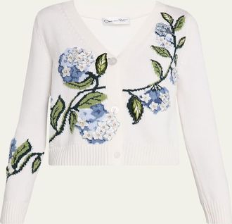 Oscar De La Renta Porcelain Flower Embroidered V-Neck Cardigan