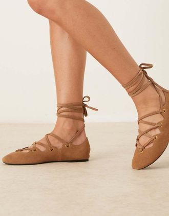 Mango Scarpe basse marroni in camoscio con lacci-Marrone