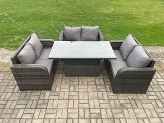 Fimous Rattan Garden Outdoor Furniture 3 PC Love Sofa Set Patio Adjustable Rising lifting Dining Table Dark Grey Mixed