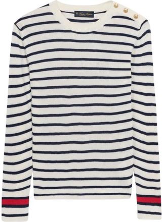 Brooks Brothers Gestreept tricot met ronde hals en logo gouden knopen - Dames - Ronde hals truien - Blauw - S - Katoen - Truien & Vesten