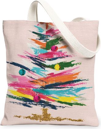 Generic Christmas Tree Canvas Tote Bags, Colorful Artistic Design Reusable Grocery Bags, Lightweight Washable Shoulder Strap Tote F, Peach, 13x15 Inch