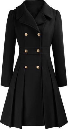 Generic Womens Pea Coat Double Breasted a Line Winter Fashion Notch Lapel Slim Flared Pleated Wool Blend Trench Coats with Pockets (Black,XXL)