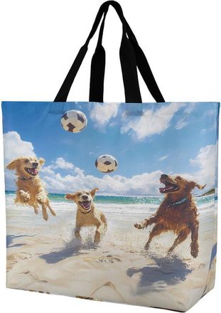 Generic Dogs Playing Volleyball Beach Reusable Shopping Bags Large Capacity Grocery Bag Heavy Duty Tote for Women 40x40x16cm