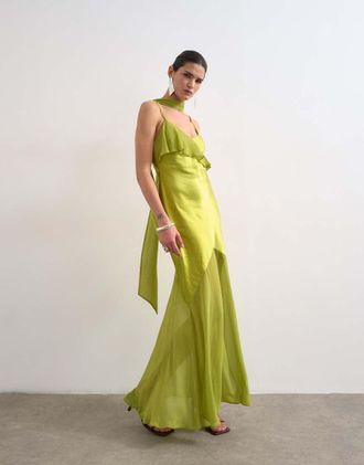 Topshop Sottoveste lunga in tessuto misto verde con volant