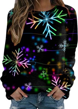 Generic Womens Christmas Tops Plus Size Jumper Fireworks Printed Crewneck Sweatshirt New Year Costume Long Sleeve Oversized Blouse 2025 Ladies Xmas Shirts Com