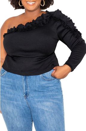 Buxom Couture Cascade Ruffle One-Shoulder Rib Top in Black at Nordstrom, Size 1 X