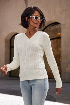 Lascana V-Ausschnitt-Pullover LASCANA, Damen, Gr. 32/34, creme, Strick, Obermaterial: 50% Baumwolle, 50% Polyacryl, Zopfmuster, figurumspielend h&uuml;ftlang, V-Au