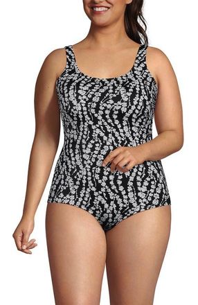 Lands End Plus Size Mastectomy Chlorine Resistant Tugless One Piece Swimsuit Soft Cup in Black/white Vine Floral at Nordstrom, Size 20W
