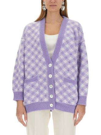 Alessandra Rich Purple Embellished V Neck Cardigan
