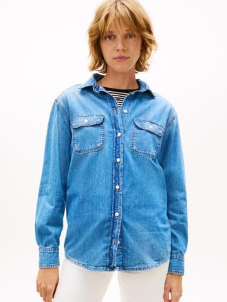 Tommy Jeans Langarmshirt TOMMY JEANS RELAXED DENIM SHIRT EXT BJ8037, Damen, Gr. XL (42), denim medium, Denim/Jeans, Obermaterial: 100% Baumwolle, unifarben, relax