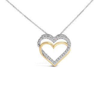House of Brilliance 14K Yellow Gold Plated Sterling Silver 1.00 Cttw Diamond Double Heart Pendant Necklace