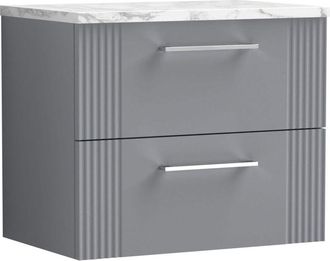 Nuie Nuie - Deco Wall Hung 2-Drawer Vanity Unit with Carrera Marble Worktop 600mm Wide - Satin Grey
